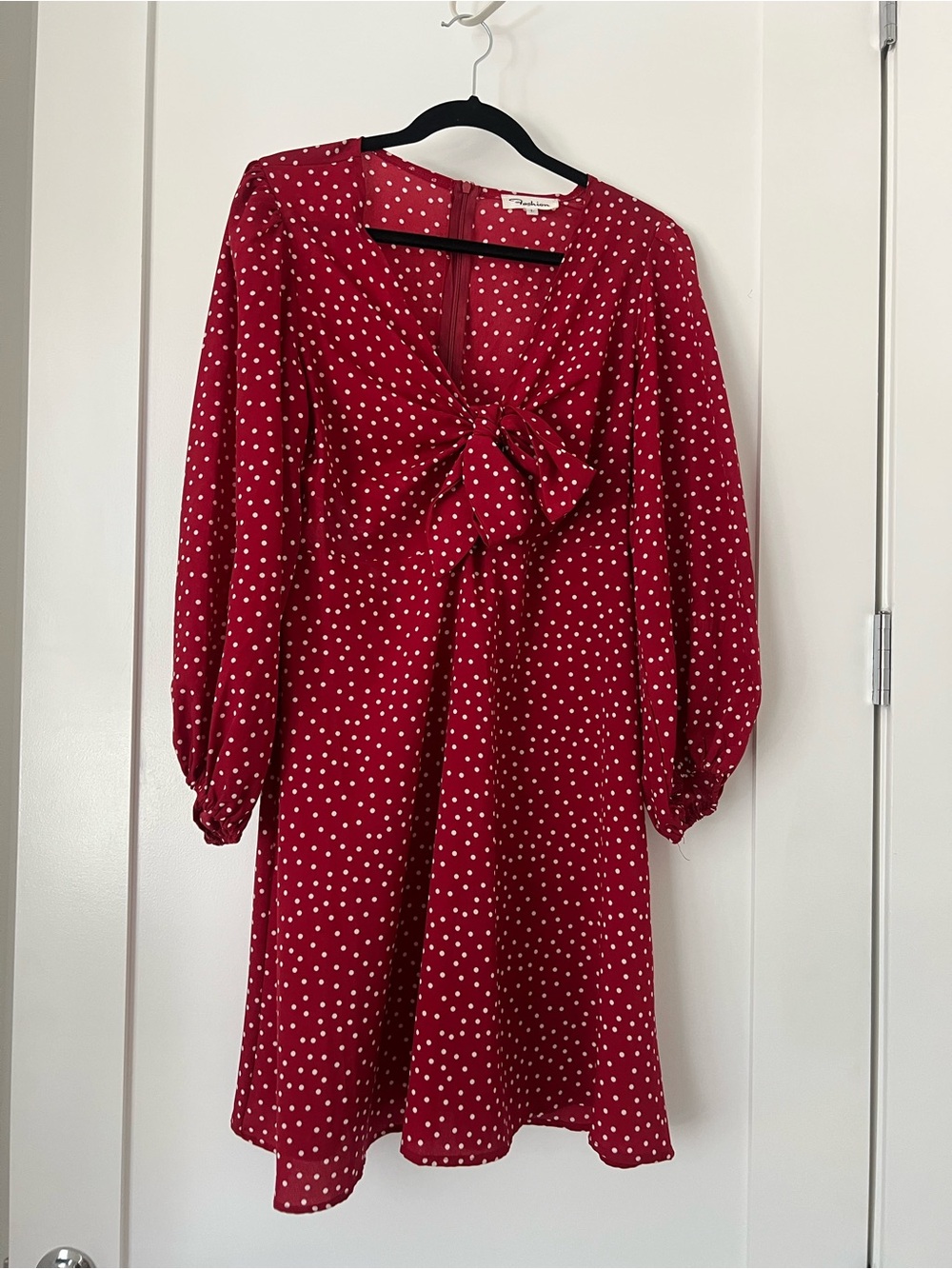 Red Polka Dot Mini Dress | Tie Front Long Sleeve Dress